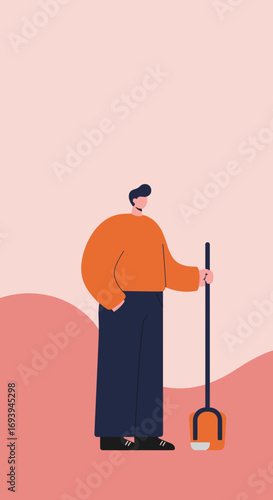 Modern flat illustration of a man holding a shovel, representing gardening, maintenance, or community clean-up. Ideal for lifestyle and service concepts.