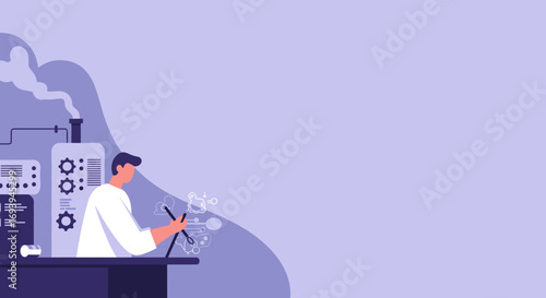 Scientist in a lab coat conducting research amidst modern industrial equipment, symbolizing innovation, technology, and manufacturing processes. Ideal for science, engineering, or business concepts.