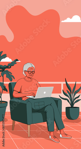Elderly woman uses a laptop while relaxing in an armchair outdoors with plants, showcasing modern senior lifestyle, digital connection, and leisure time.