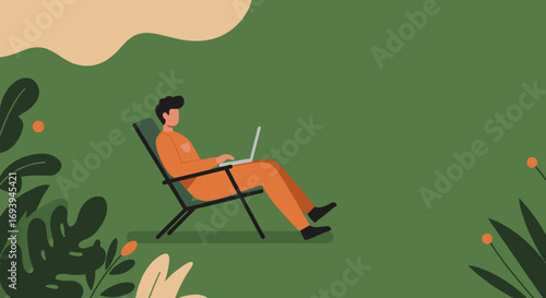 Man working on a laptop outdoors in a chair, enjoying remote work in a natural setting. Ideal for themes of freelance, modern lifestyle, digital nomadism, and work-life balance.