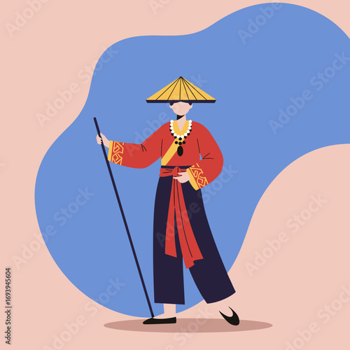 Person in traditional Asian attire with a conical hat and staff, representing cultural heritage, travel, and exploration. Ideal for themes of diversity and global identity.