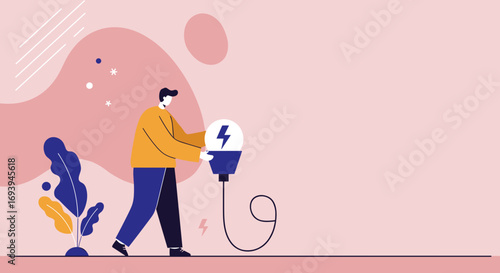 Illustrative man holding a glowing lightbulb with a lightning bolt, symbolizing new ideas, innovation, and creative solutions. Perfect for business and technology concepts.