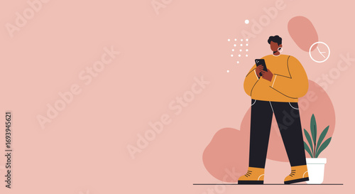 Modern illustration of a person using a smartphone, symbolizing digital communication, connectivity, and modern lifestyle. Ideal for technology, business, or casual use.