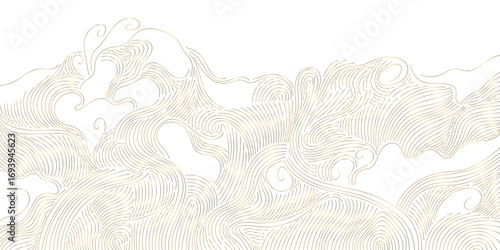Elegant vector illustration in oriental style with golden waves, abstract lines, and geometric ornaments, minimalist and luxury. The Japanese, Chinese inspired background with ocean, sea, river