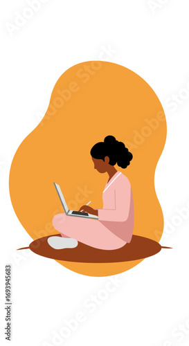 Dedicated woman in comfortable attire uses a laptop and stylus, illustrating remote work, online learning, or creative digital tasks from home.