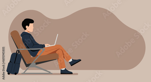Man working on laptop in a lounge chair with luggage, symbolizing remote work, travel, digital nomad lifestyle, and flexible business. Productivity on the go.