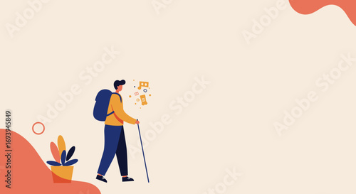 Illustration of a person with a backpack and walking stick, exploring a path with floating travel and memory icons. Represents adventure, planning, and journey.