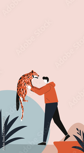 Illustration of a person gently holding a stylized big cat, symbolizing wildlife conservation and the human-animal bond. Perfect for nature, rescue, and care themes.