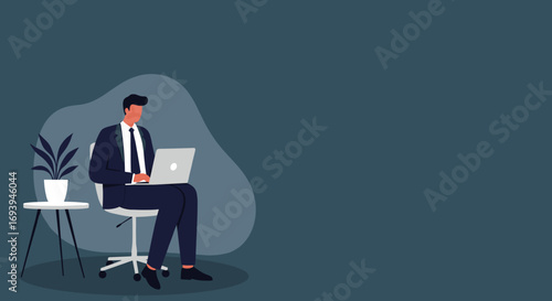 Professional businessman focused on work using a laptop in a modern office. Ideal for concepts of remote work, productivity, and corporate success.