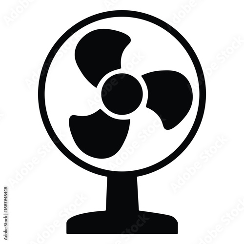 Simple black and white silhouette icon of a classic desk fan with three blades