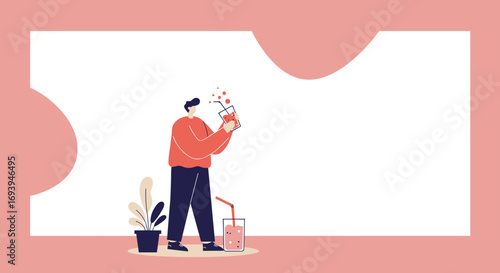 Flat vector illustration of a man preparing a refreshing summer drink, suggesting healthy lifestyle, leisure, and refreshment.