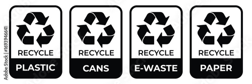 Recycle label products. Recycle icon set, Recycle sign, logo, badge, icon, sticker, label, emblem, stamp, symbol, black, line, flat vector, isolated illustration.