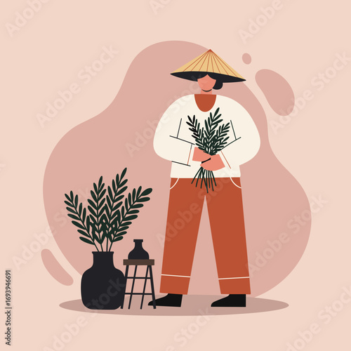 Illustration of a person wearing a conical hat, holding green foliage, surrounded by indoor plants in a peaceful home setting. Ideal for lifestyle and decor projects.