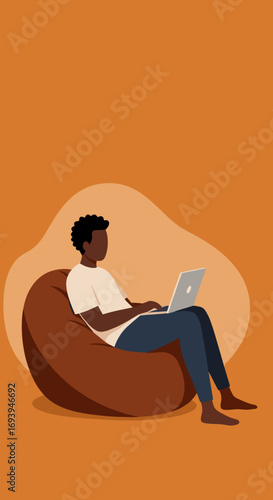 Person comfortably working on laptop from a bean bag chair at home. Ideal for concepts of remote work, freelancing, online education, or modern lifestyle.