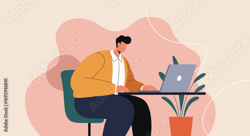 A focused man works diligently on his laptop at a minimalist desk, embodying productivity and remote work. Ideal for business, technology, or lifestyle content.
