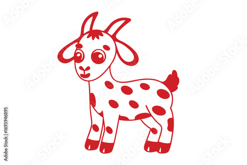 Cartoon goat with red spots standing and smiling on a white background