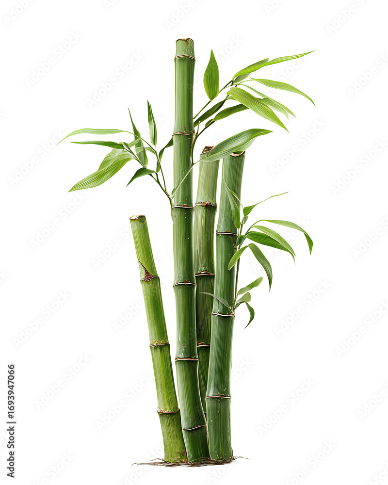 Fototapeta premium Bundle of five bamboo culms in varied heights with leafy node, cool green matte texture, isolated on transparent background. 