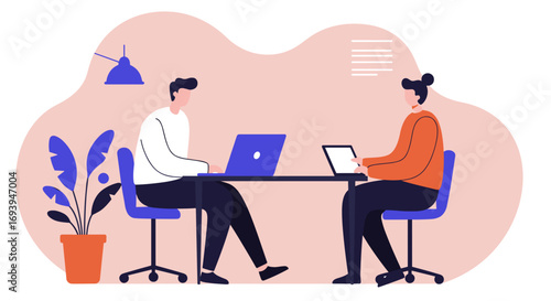 Business professionals collaborating on laptops and tablets in a modern office environment, symbolizing teamwork, productivity, and digital communication.