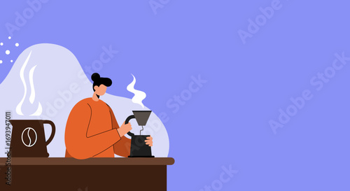 Person preparing fresh pour-over coffee, enjoying a relaxed morning routine. Ideal for lifestyle, daily ritual, or cafe concepts.