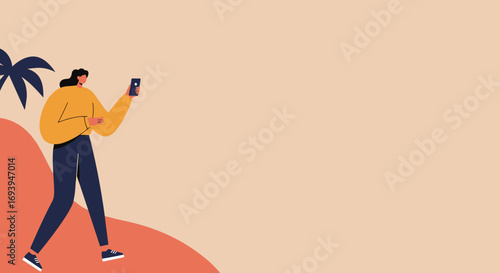 Stylish woman using a smartphone in a relaxed, minimalist setting. Perfect for themes of travel, social media, connectivity, and modern lifestyle.