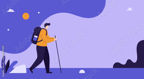 Person hiking with backpack and walking stick in a minimalist, colorful outdoor landscape. Represents adventure, travel, and a healthy, active lifestyle.