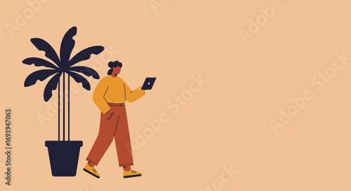 Modern person walking, using a digital tablet near an indoor plant. Represents remote work, productivity, and a connected lifestyle.