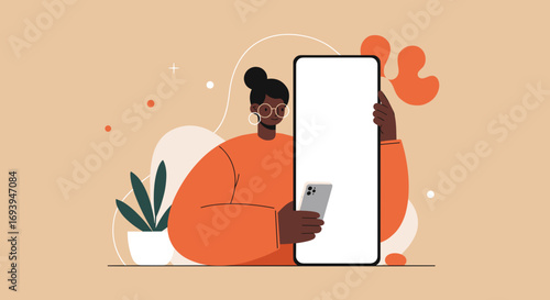 Stylish woman holding a large blank smartphone display and a smaller phone, representing digital connectivity, app use, and modern communication in a clean, abstract setting.