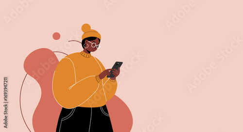 Illustration of a stylish young person focused on their smartphone, embodying digital connection and modern communication in a casual setting.