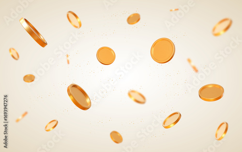 Falling gold shiny coins with effect bokeh on beige isolated background. Rich or casino luck concept. Precious expensive treasure. Stock vector illustration.