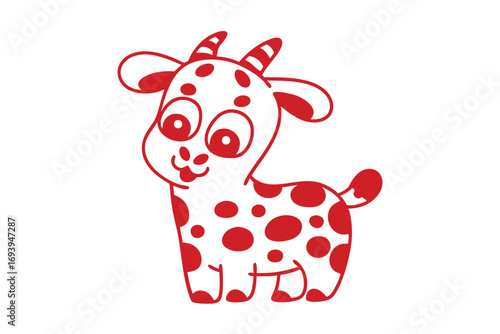 Cartoon goat with red spots stands cheerfully against the white background showcasing simple line artwork