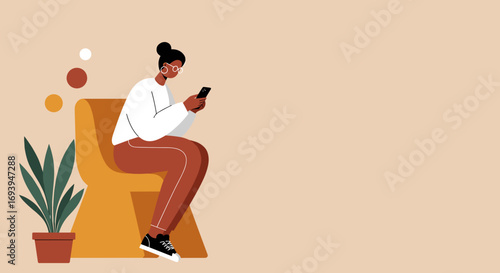 Relaxed woman uses smartphone, connecting and engaging online in a contemporary home or office setting. Ideal for lifestyle and technology concepts.