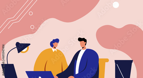 Two professionals collaborating on laptops in a modern office, representing teamwork, productivity, and contemporary business. Ideal for technology and corporate themes.