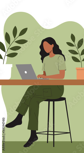 Focused woman using a laptop at a wooden table in a peaceful, plant-filled environment. Perfect for remote work, study, or digital lifestyle concepts.