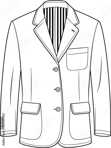 Fashion flat sketch of a men's three-button suit jacket with striped lining and flap pockets drawing