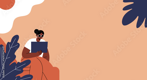 A stylish woman works remotely on her laptop in a modern, illustrative setting, embodying a digital lifestyle and productivity.