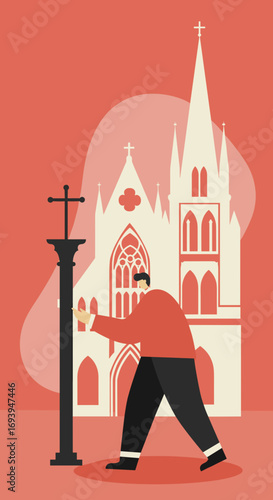 A man stands reverently before a cross and a grand cathedral, symbolizing faith, spirituality, and religious devotion. Ideal for themes of worship, belief, and cultural heritage.