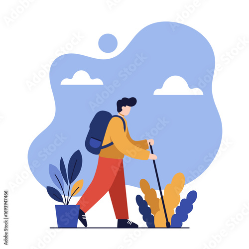 Male hiker with backpack and walking stick enjoying an outdoor adventure. Represents travel, exploration, and a healthy lifestyle in nature.