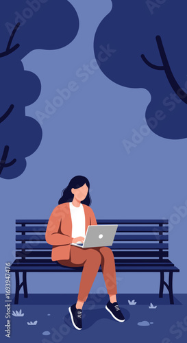Woman working on laptop in a tranquil park setting. Ideal for remote work, digital nomad, freelance, education, or outdoor productivity concepts.
