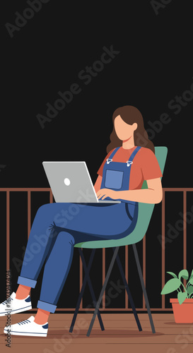 Young woman works remotely on her laptop from a cozy balcony or patio. Ideal for concepts of work-life balance, freelancing, and digital connectivity.