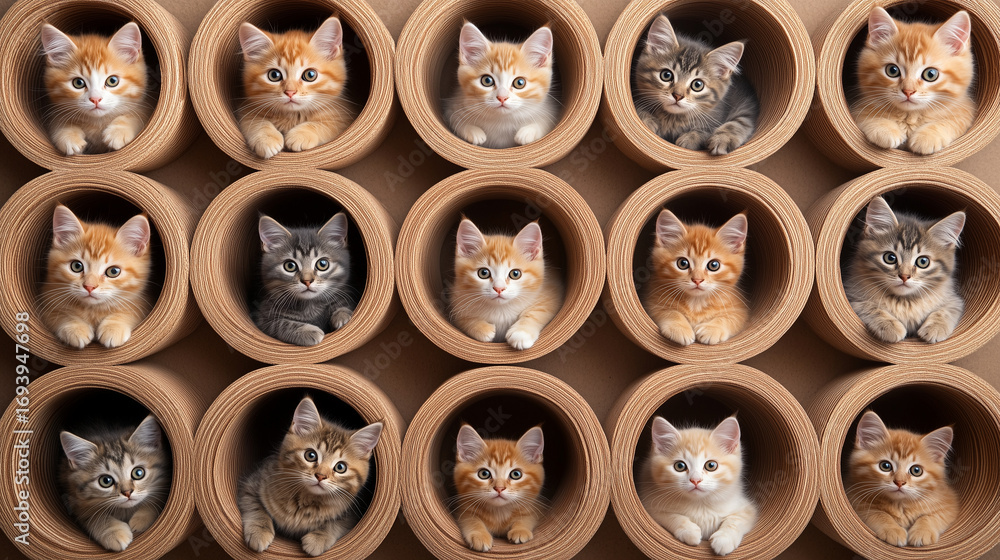 Fototapeta premium Adorable kittens peeking from cardboard tubes