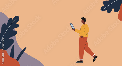 Modern illustration of a man walking, engaged with a tablet. Represents digital connectivity, mobile technology, and contemporary lifestyle. Ideal for business, tech, or casual content.