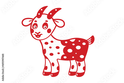 Cartoon goat with red spots stands, depicting a simple yet charming farm animal
