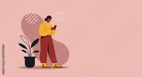 Modern woman using a smartphone for communication and social networking in a minimalist setting. Represents digital lifestyle, online connection, and mobile technology use for business or leisure.
