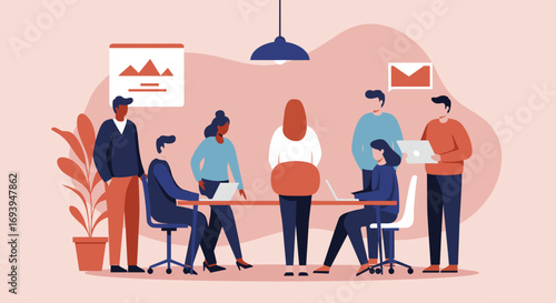 Diverse business team collaborating in a modern office meeting, discussing strategy and working on laptops. Ideal for corporate productivity and teamwork concepts.