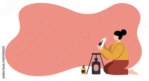 Woman kneeling, using a spray bottle with personal care or cleaning products. Concept of hygiene, self-care, and home wellness.