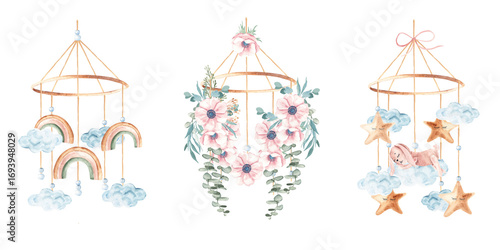 Baby cradle Mobile Set with cute bunny, rainbows and flowers. Hand drawn Watercolor illustration in pastel colors of kids hanging toy. For greeting cards, gender reveal party or baby shower