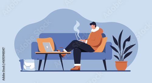 Person comfortably working on a laptop from a cozy sofa with a hot drink, embodying remote work and modern lifestyle. Ideal for business, technology, or casual living concepts.