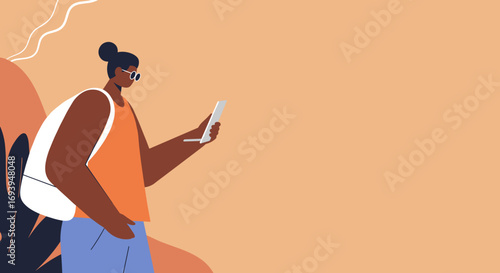 Modern flat illustration of a stylish person with sunglasses and a backpack, using a smartphone. Ideal for tech, travel, and lifestyle concepts.