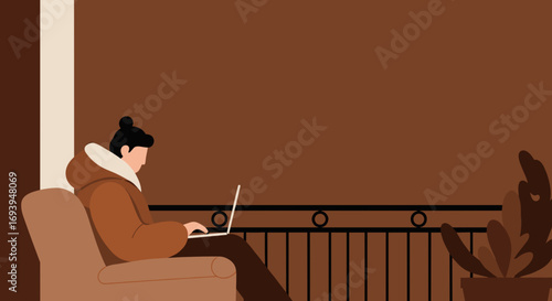 Freelancer working remotely on a laptop from a serene outdoor balcony, ideal for modern lifestyle and flexible business themes.