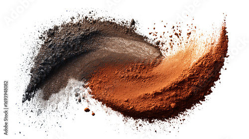 Two piles of rustic pigments blended in an arc, warm earthy tones with granular detail, isolated on transparent background.
